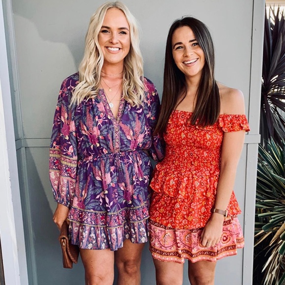 Off the Shoulder Boho Floral Gypsy Print Dress red - Picture 3 of 10